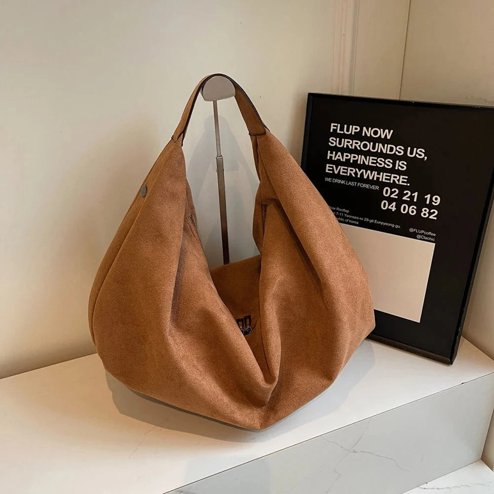 SEAME - Odette - Suede Hobo Handbag with Zipper & Large Capacity for Work and Travel Brown